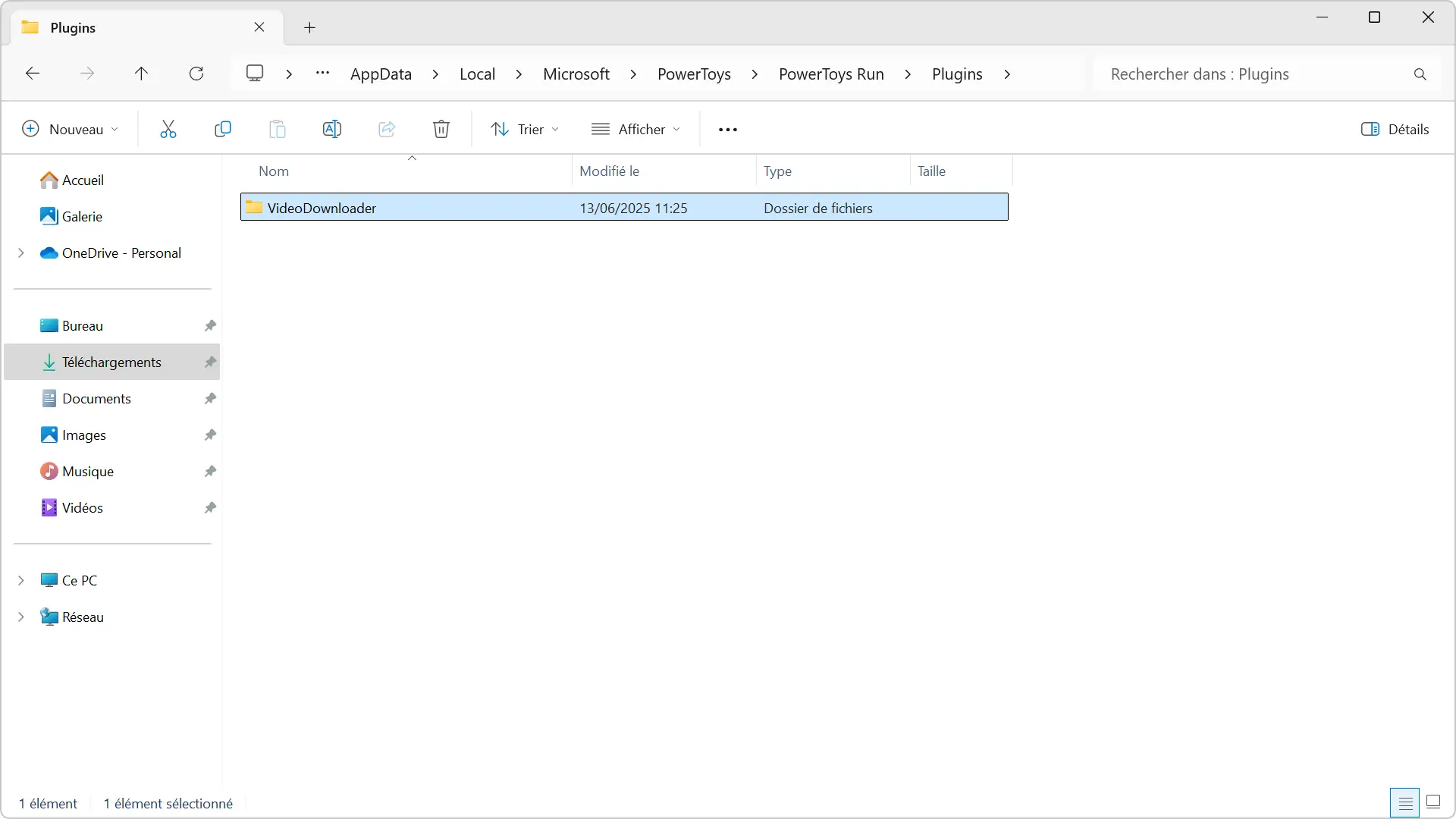 Dossier VideoDownloader copié dans le répertoire Plugins de PowerToys Run