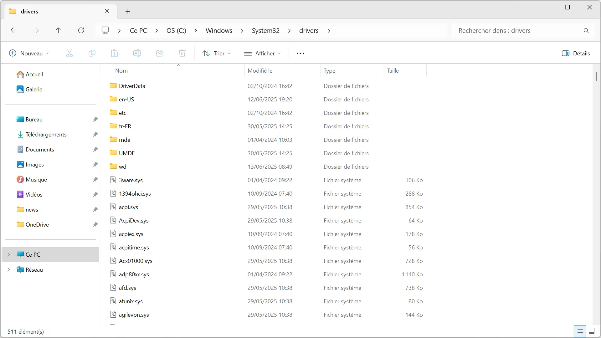 Affichage du dossier System32\drivers contenant les fichiers SYS des pilotes