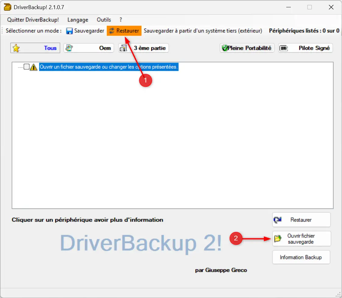 Menu de restauration des pilotes dans DriverBackup!