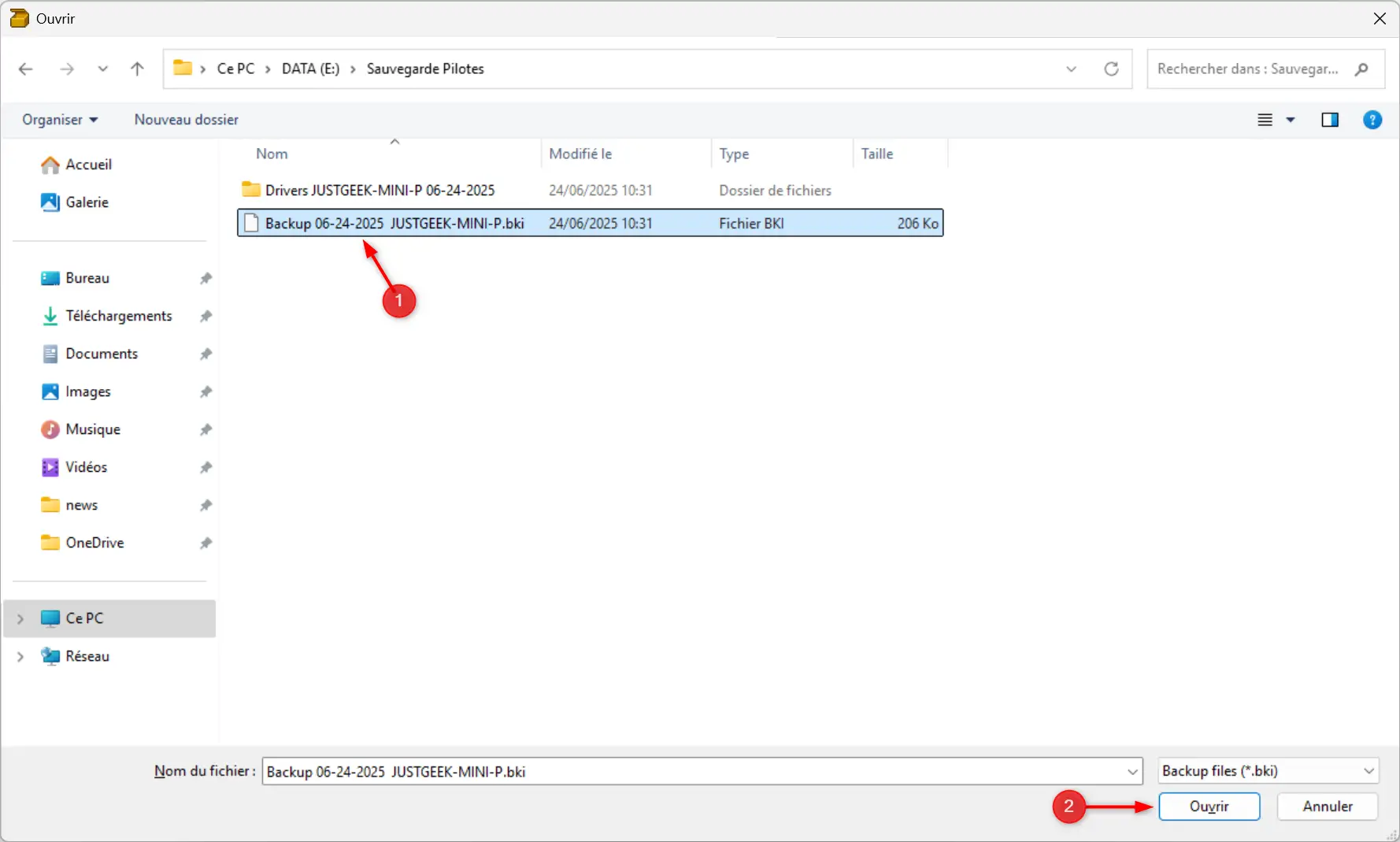 Sélection du fichier de sauvegarde .bki dans DriverBackup!