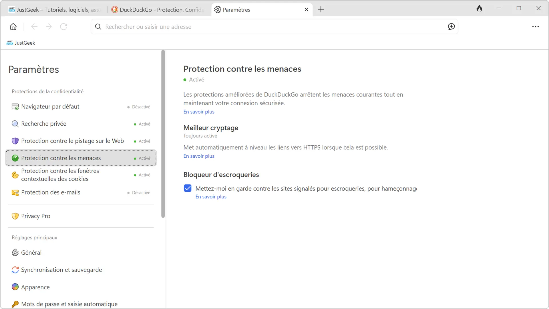 Paramètres de sécurité de DuckDuckGo avec le bloqueur d’escroqueries activé