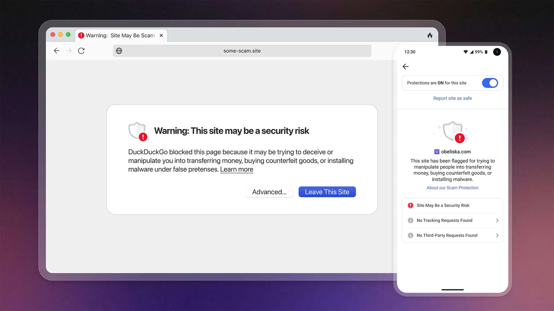 Alerte de sécurité affichée par DuckDuckGo sur ordinateur et mobile lorsqu’un site est identifié comme frauduleux