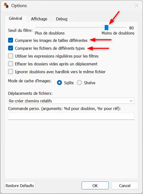 Réglages de dupeGuru pour détecter les doublons d’images avec un seuil de 80 % et fichiers de formats différents