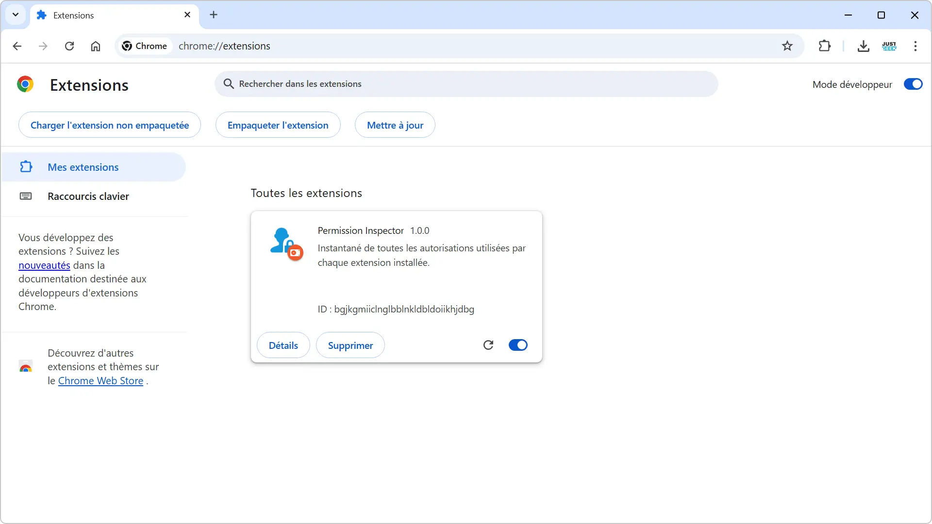 Extension Chrome installée manuellement via le mode développeur