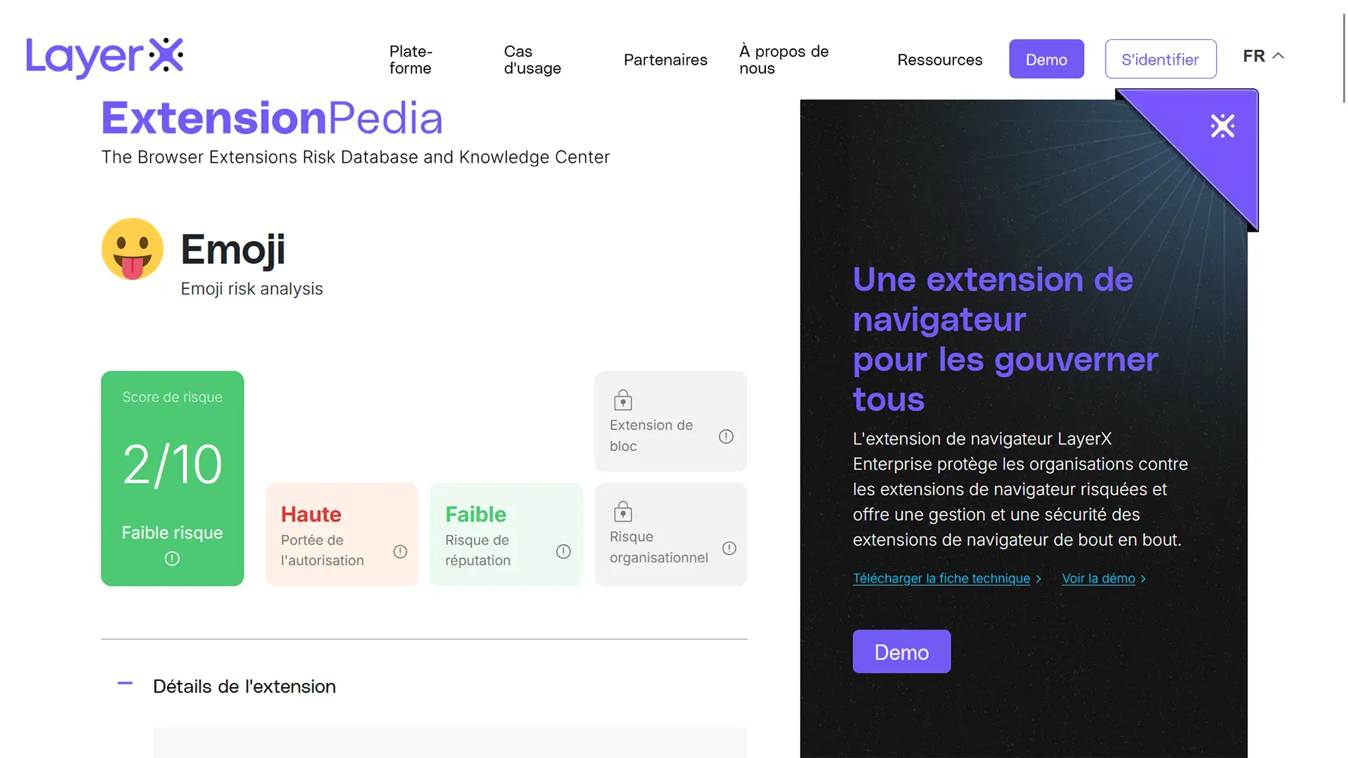 Détails de l’extension Emoji sur ExtensionPedia avec score de risque et autorisations