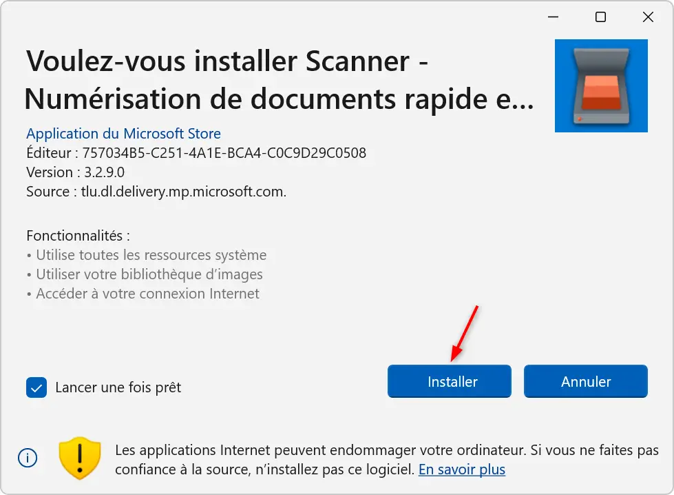 Fenêtre d’installation de l’application du Microsoft Store avec le bouton Installer