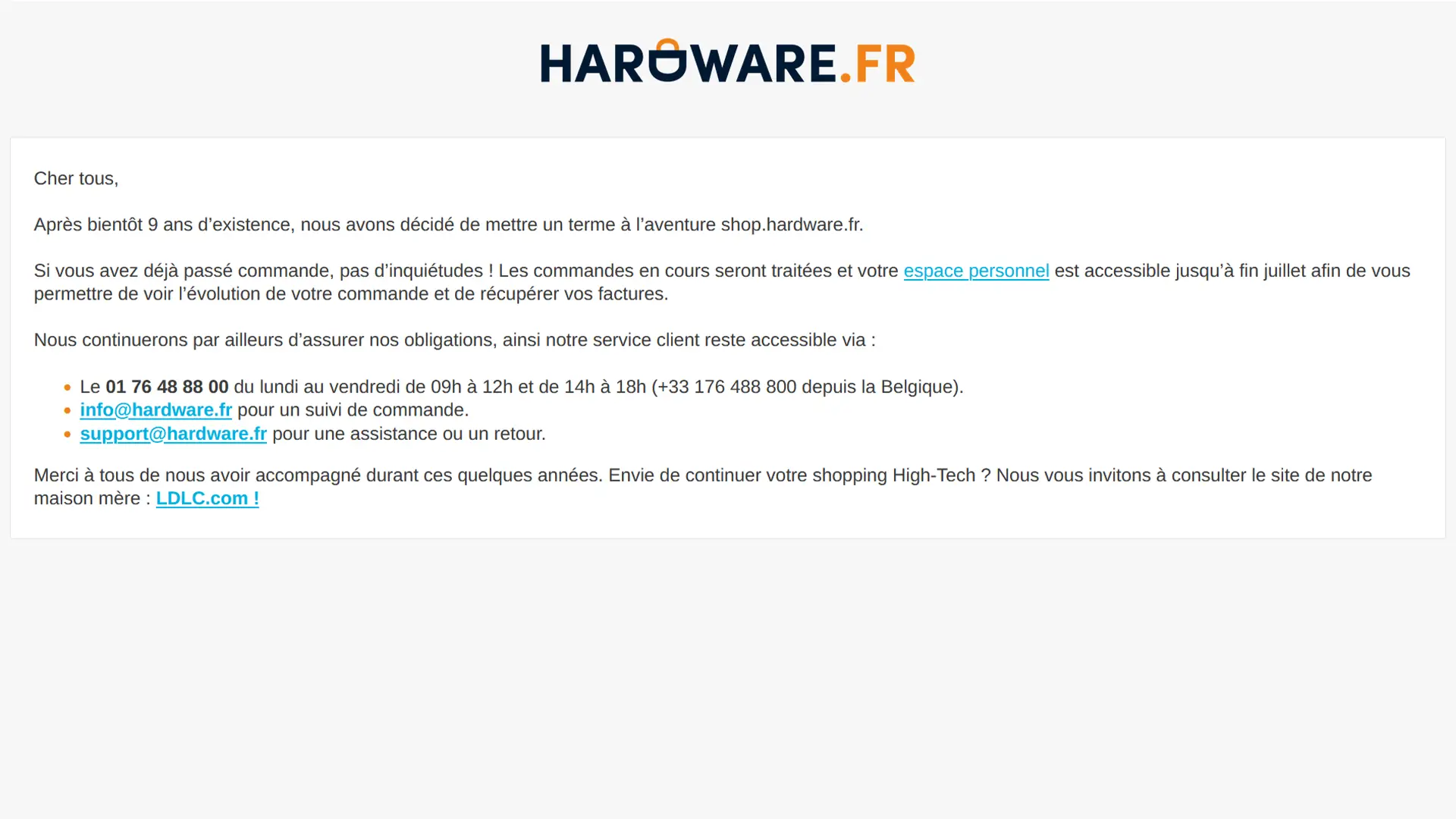 Message officiel annonçant la fermeture de shop.hardware.fr affiché sur la page d'accueil du site