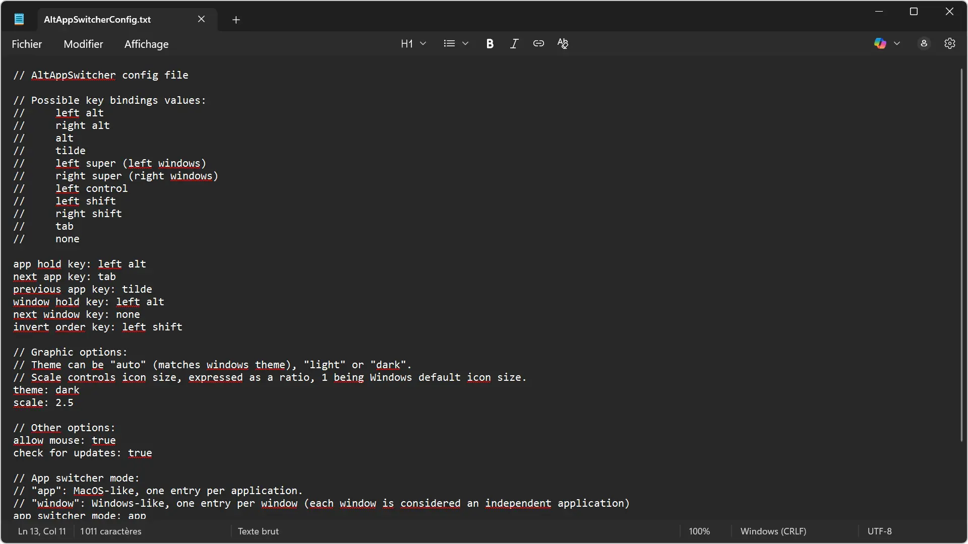 Fichier AltAppSwitcherConfig.txt ouvert dans le Bloc-notes sur Windows