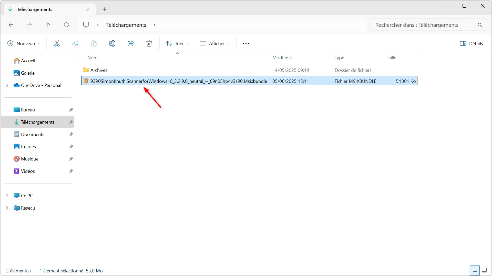 Fichier .msixbundle téléchargé dans le dossier Téléchargements sous Windows