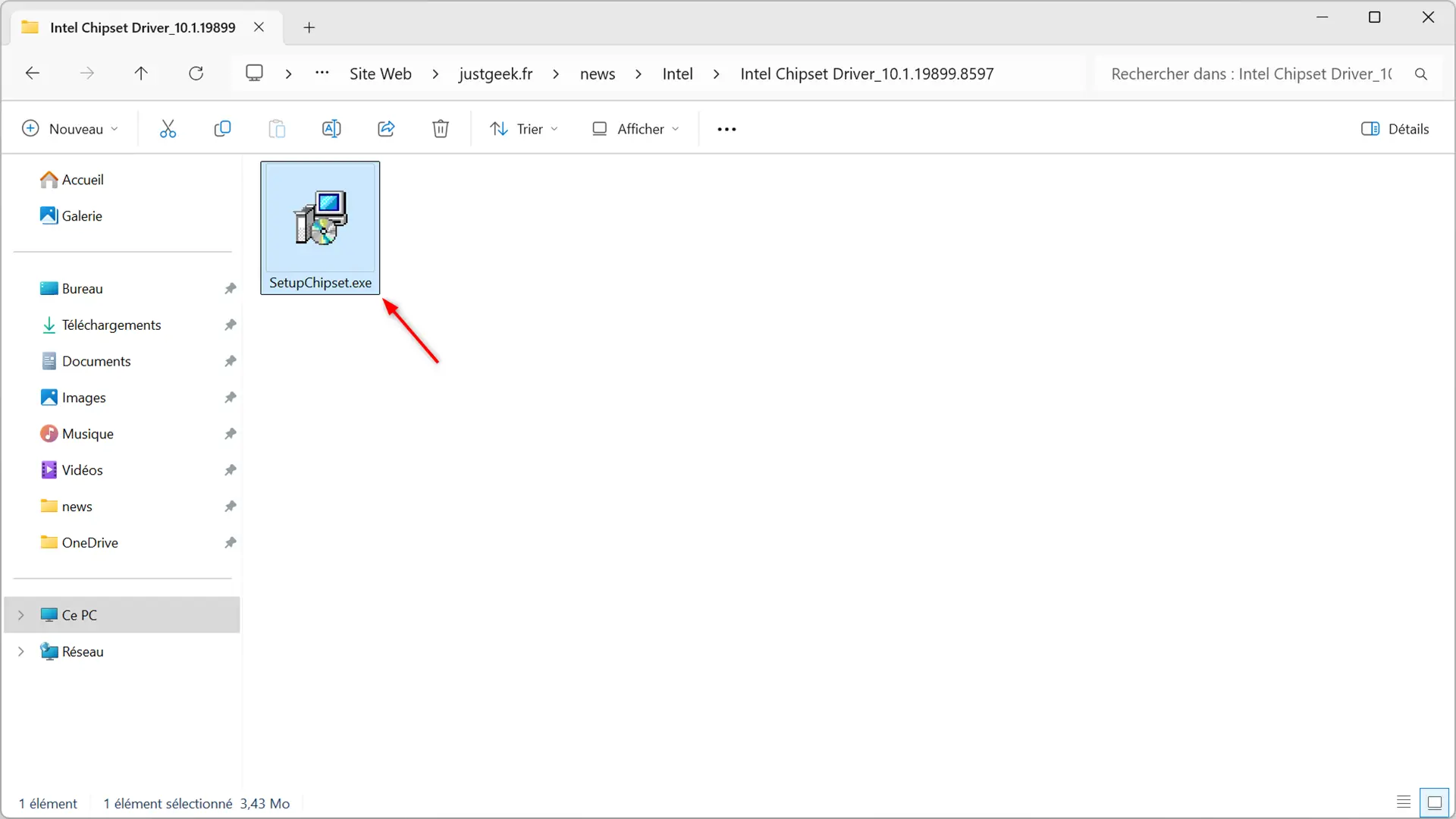 Fichier SetupChipset.exe téléchargé depuis le site du fabricant pour installer le pilote Intel