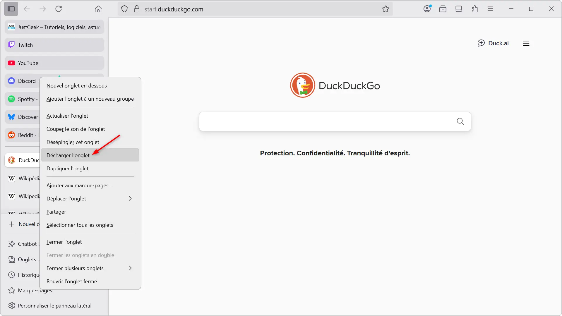 Nouvelle option « Décharger l’onglet » dans le menu contextuel de Firefox 140