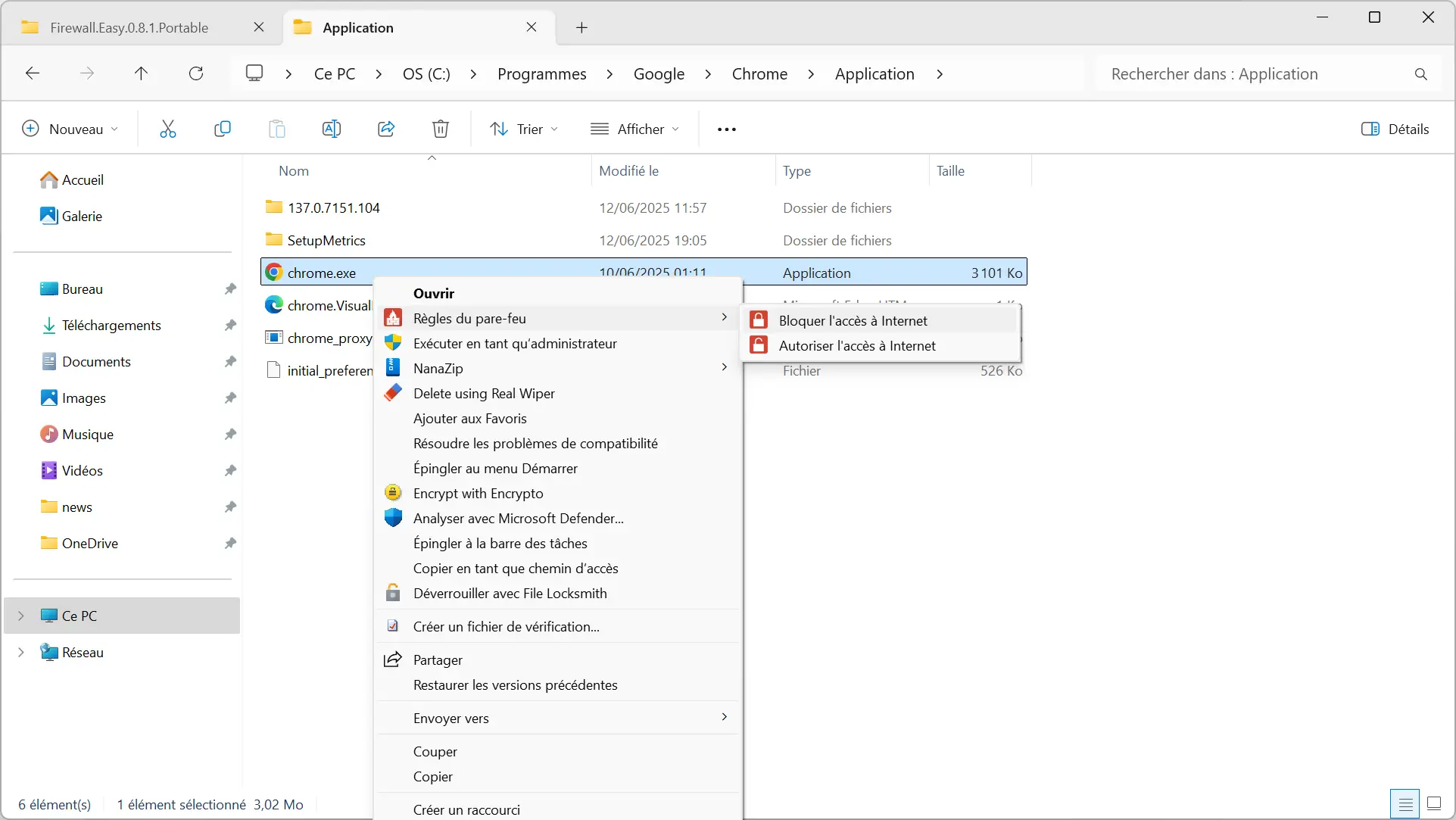 Menu contextuel de Firewall Easy sur Windows 11 avec les options « Bloquer l’accès à Internet » et « Autoriser l’accès à Internet »