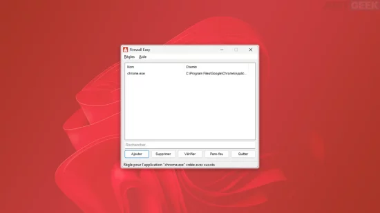 Illustration de Firewall Easy sous Windows avec l’interface affichant une règle de blocage active