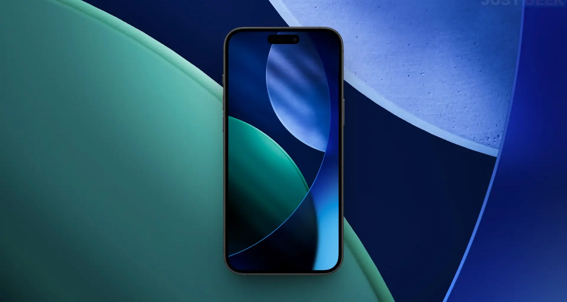 Aperçu du fond d’écran iOS 26 en mode sombre affiché sur un iPhone
