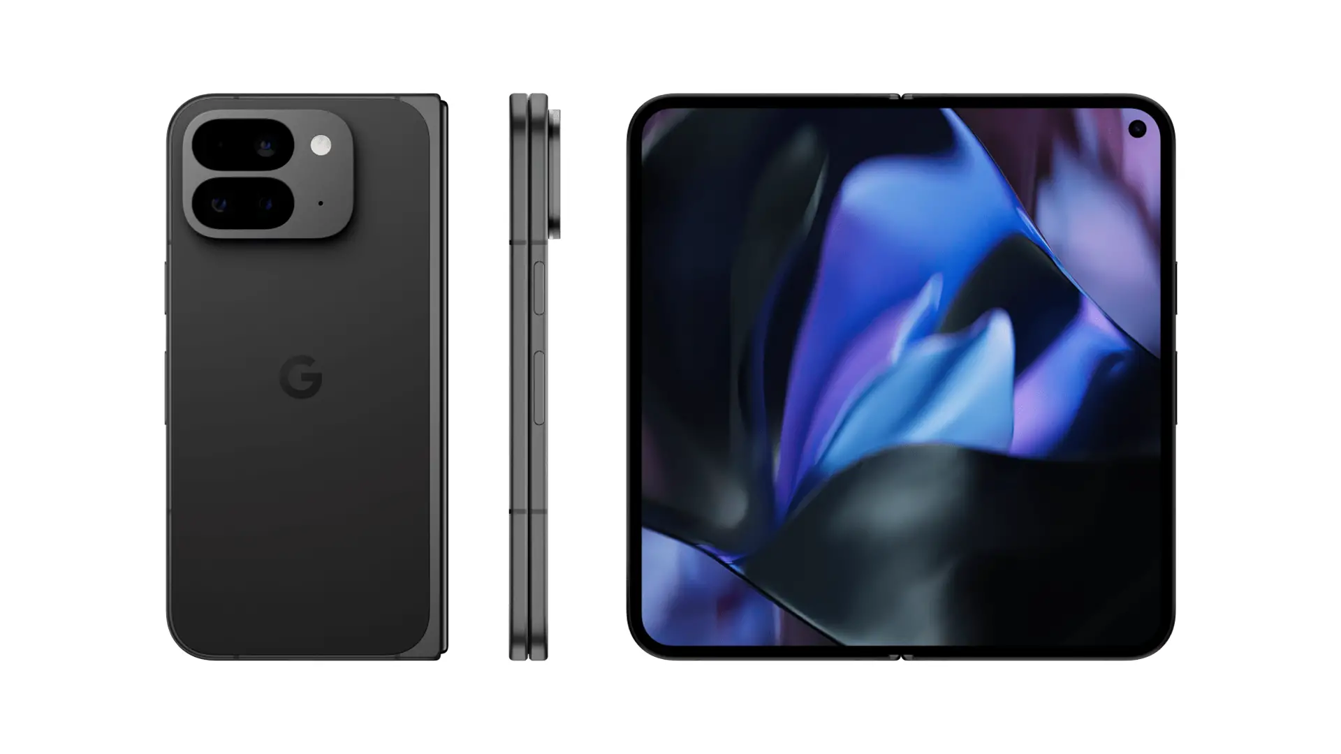 Vue du Google Pixel 9 Pro Fold, smartphone pliant de Google avec écran flexible et design moderne