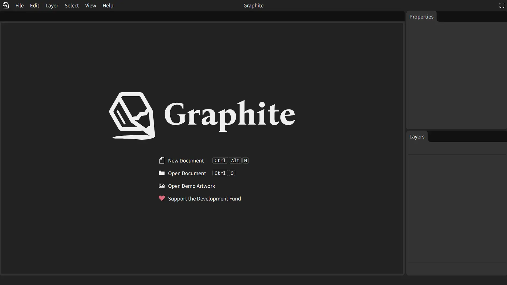 Écran d’accueil de Graphite avec options pour créer ou ouvrir un document