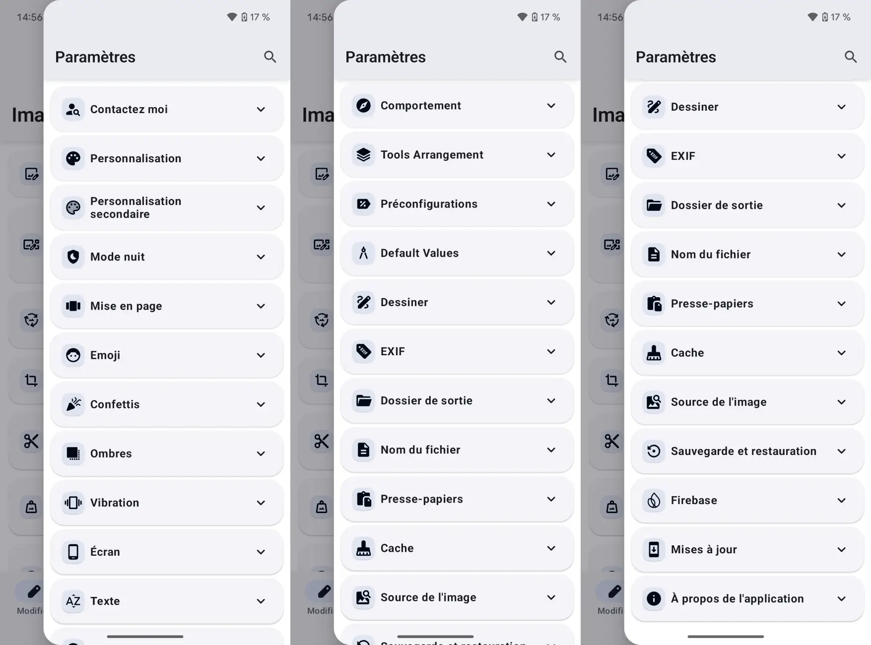 Vue complète des paramètres de personnalisation dans Image Toolbox