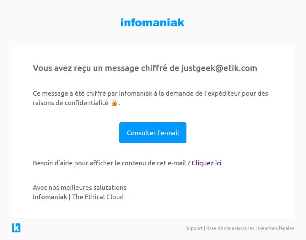 Notification reçue par un destinataire externe pour consulter un e-mail chiffré envoyé depuis Infomaniak