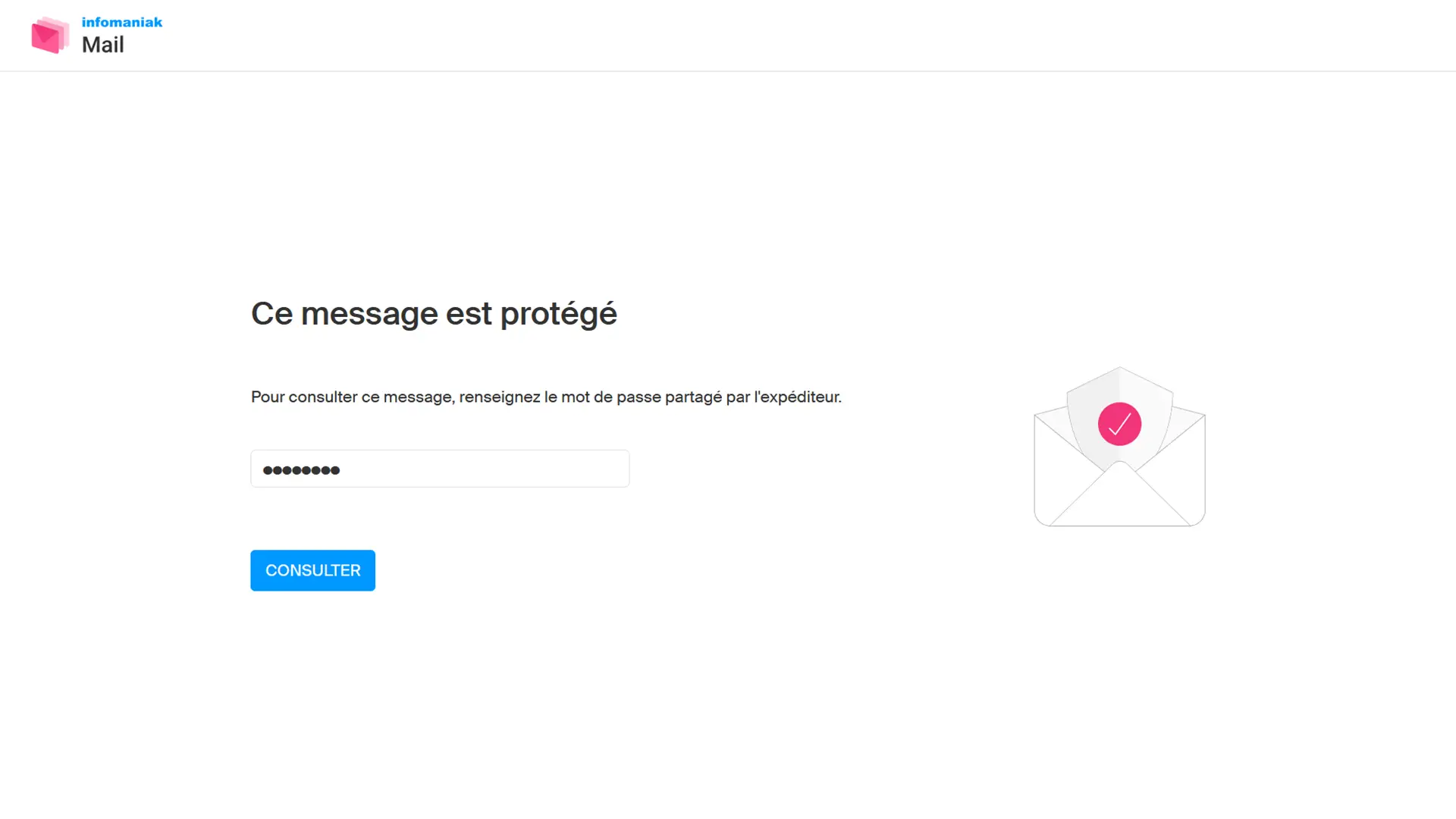 Interface Infomaniak demandant le mot de passe pour consulter un e-mail protégé