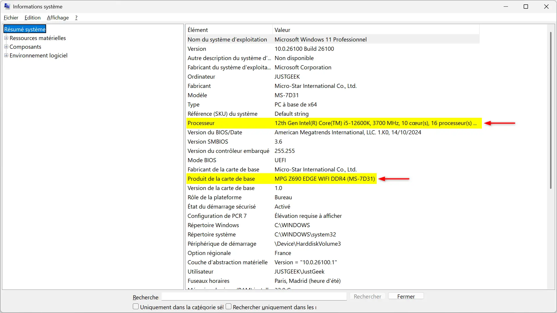 Résumé système Windows indiquant le processeur Intel Core i5-12600K et la carte mère MSI Z690