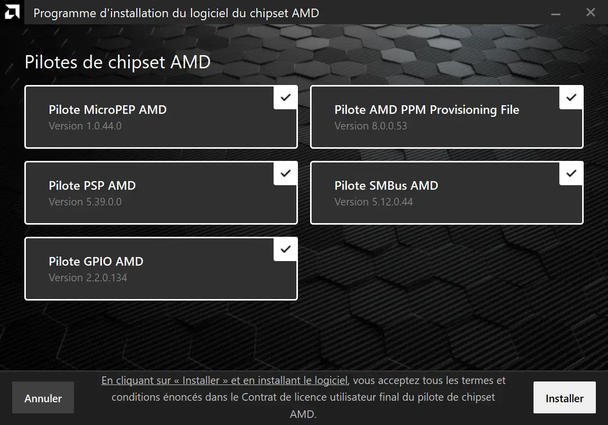 Interface du programme d’installation du pilote chipset AMD avec les modules sélectionnés