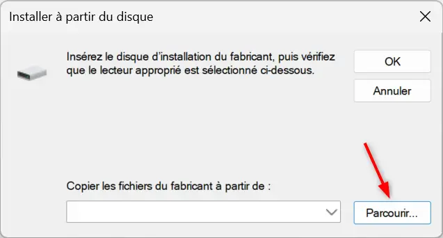 Parcourir les fichiers pour charger un pilote depuis le dossier de sauvegarde