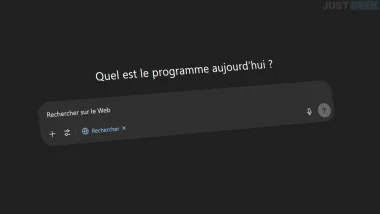 Capture d’écran de l’interface de ChatGPT en 2025 avec la barre de recherche Web et la question “Quel est le programme aujourd’hui ?”