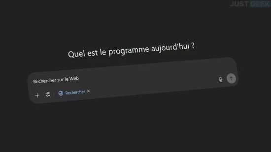 Capture d’écran de l’interface de ChatGPT en 2025 avec la barre de recherche Web et la question “Quel est le programme aujourd’hui ?”