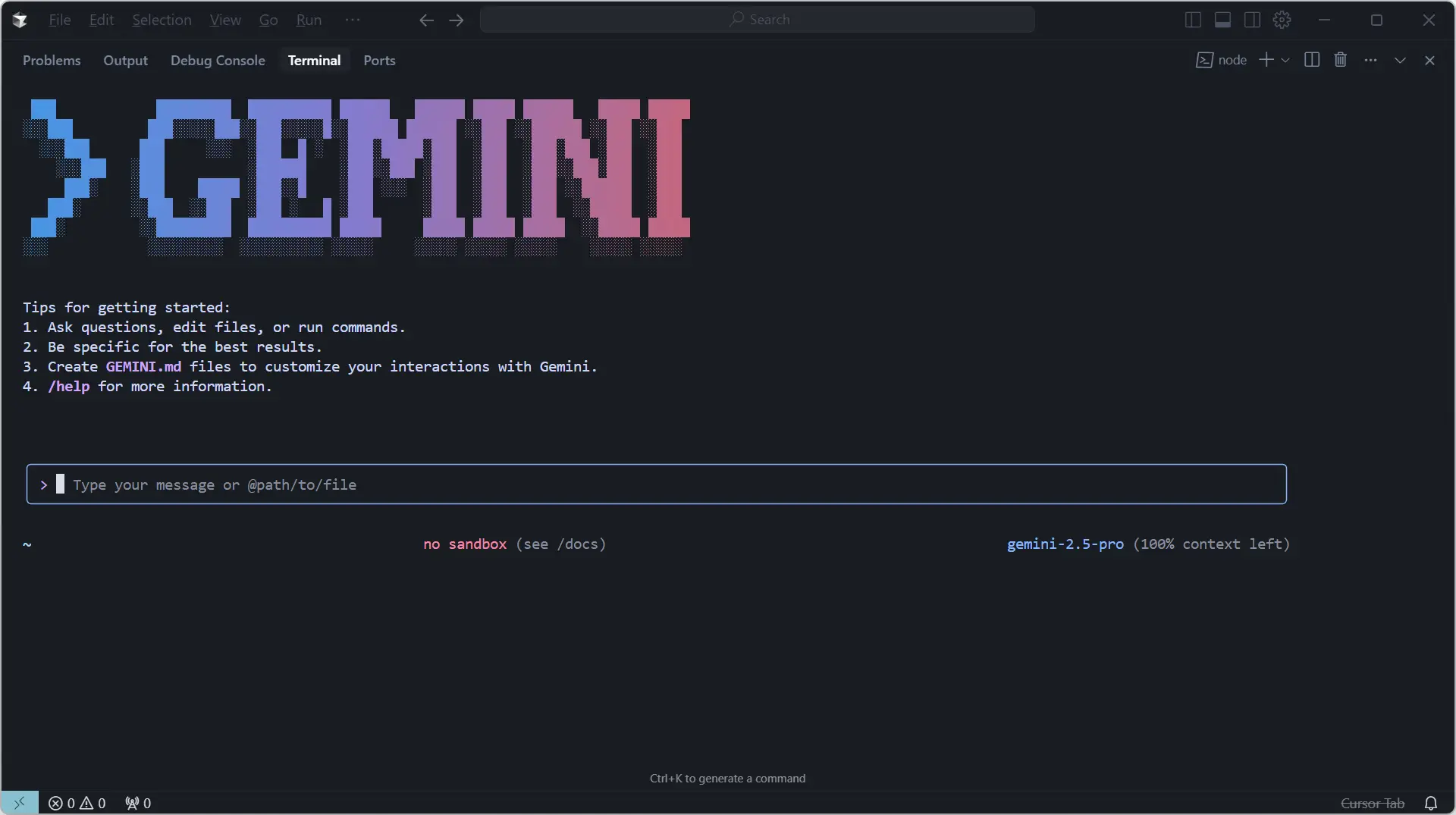Interface de Gemini CLI dans le terminal avec le modèle gemini-2.5-pro actif