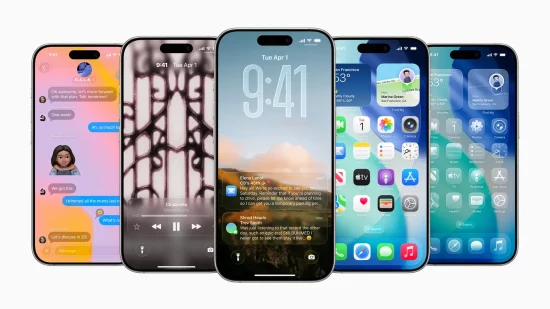 Capture d’écran de l’interface iOS 26 affichée sur plusieurs modèles d’iPhone