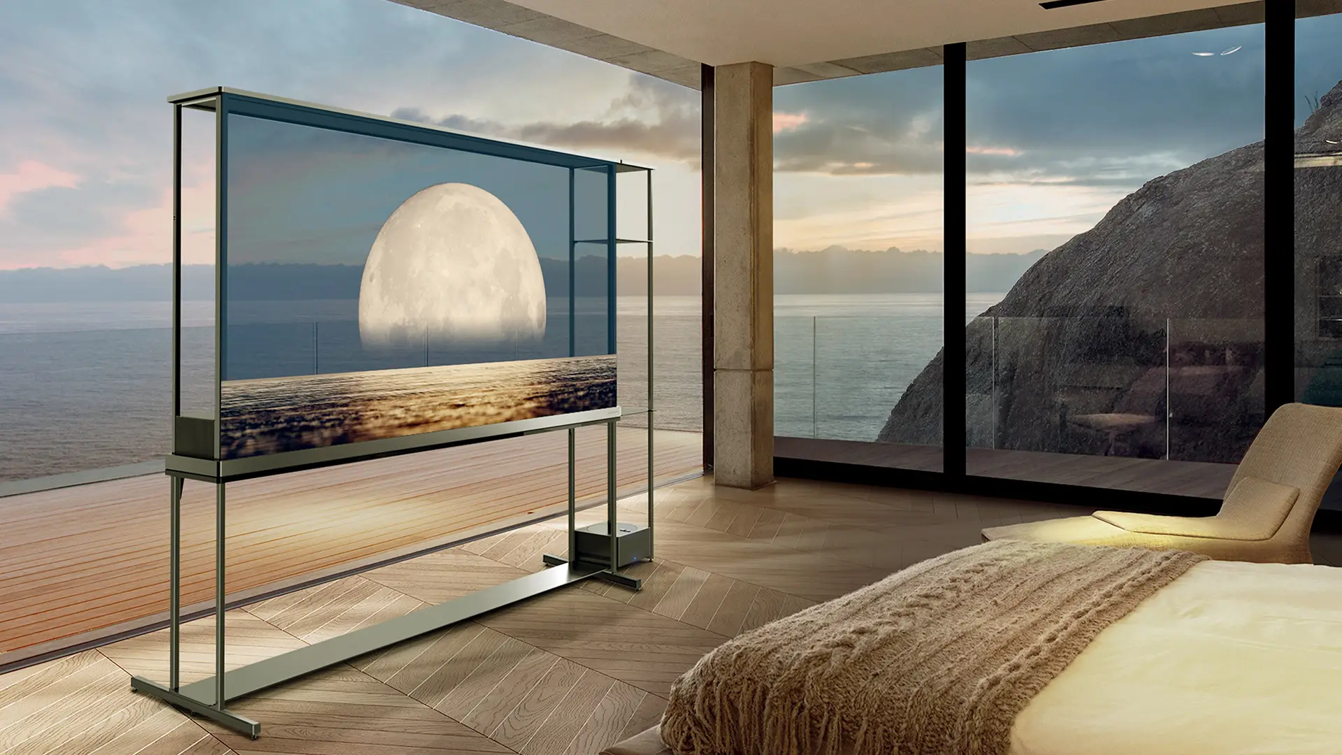Téléviseur transparent LG OLED T installé dans une chambre avec vue sur la mer