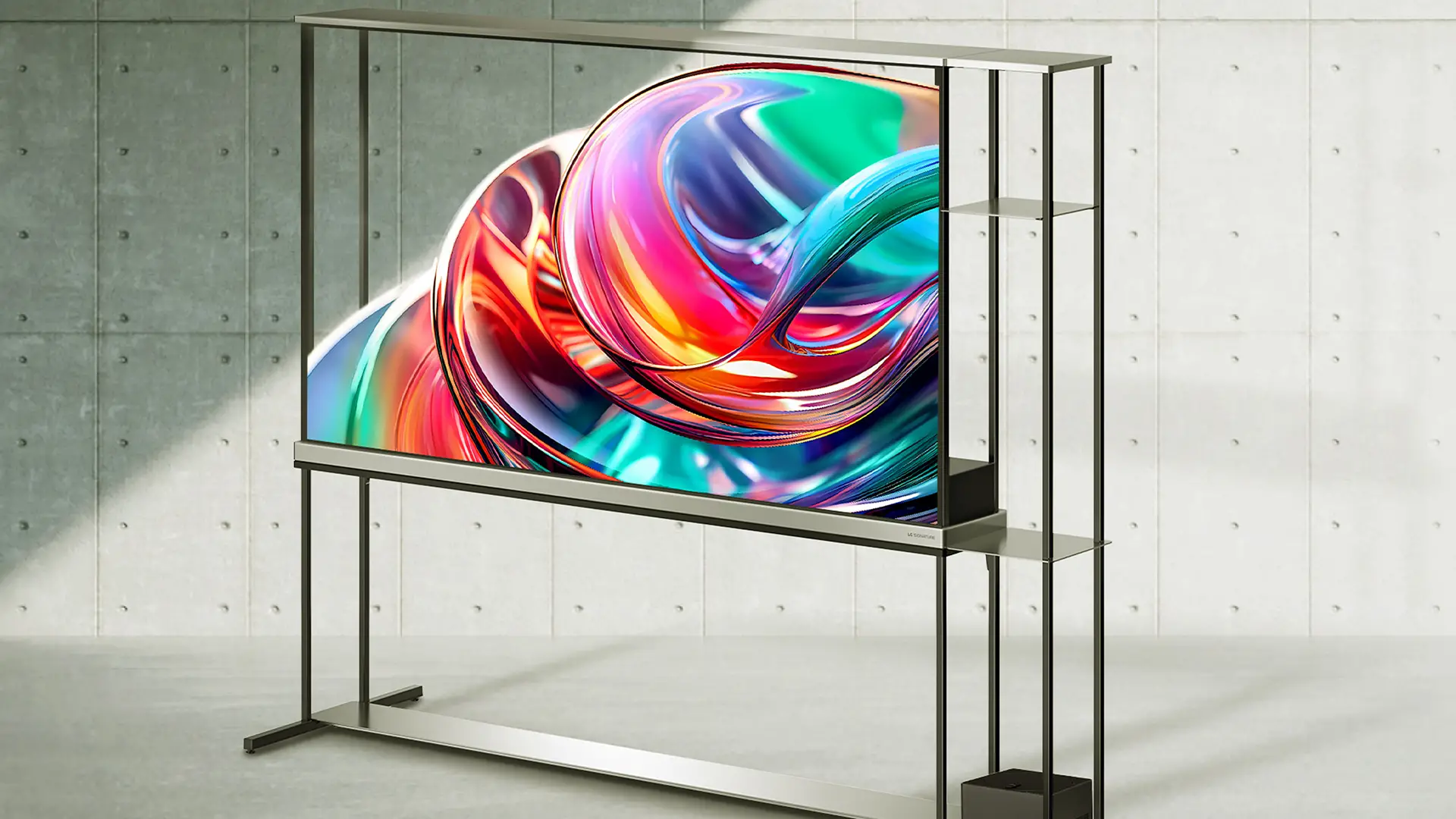 Téléviseur LG OLED T transparent allumé en mode opaque avec design sur pied métallique