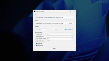Fenêtre principale de Minimal PDF Compress sur Windows avec les options de compression PDF activées