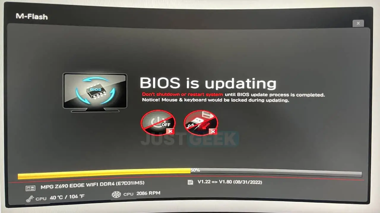 Écran de mise à jour du BIOS via M-Flash sur une carte mère MSI