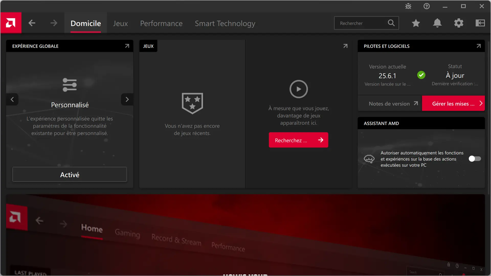Interface du logiciel AMD Radeon Software indiquant que les pilotes graphiques sont à jour