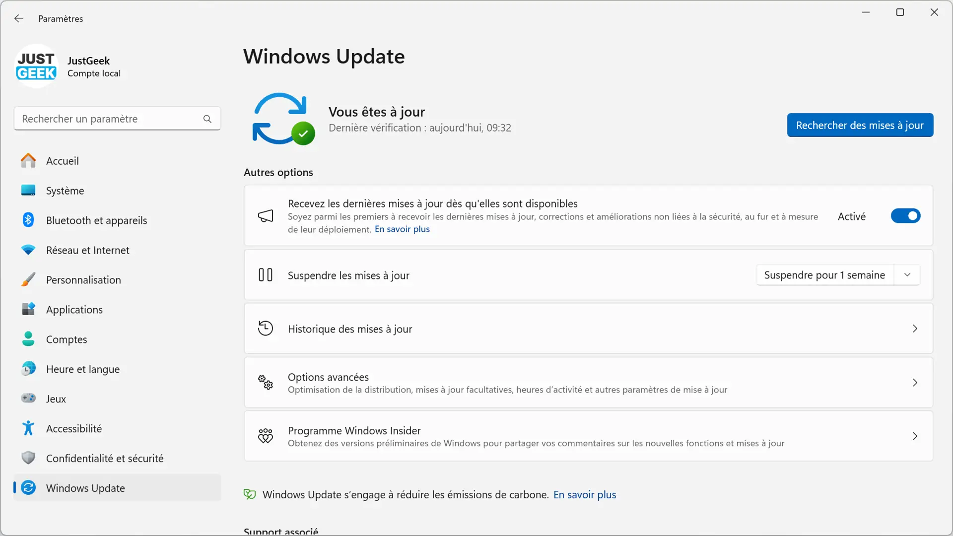 Capture d’écran de Windows 11 affichant les paramètres de mise à jour Windows Update