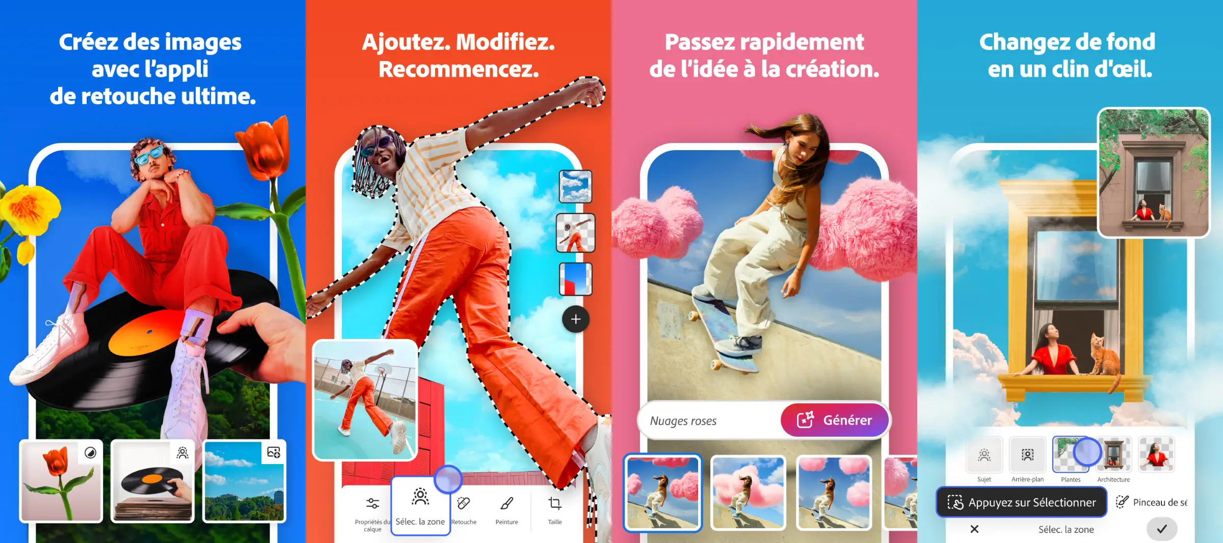 Aperçu de l’application Photoshop sur Android avec des outils de retouche, d’édition, de génération d’images et de changement d’arrière-plan