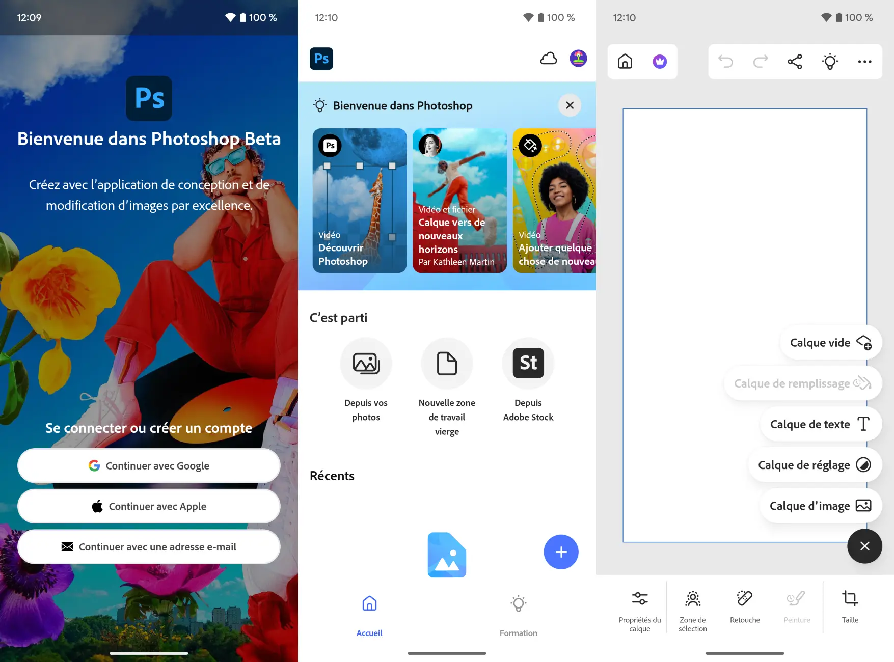 Interface de l’application Photoshop sur Android avec l’écran d’accueil, les options de création et les outils de calque