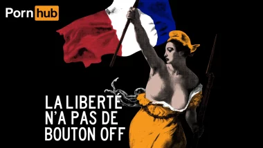 Illustration de Pornhub affichant le message "La liberté n’a pas de bouton off" en réponse au blocage en France en juin 2025
