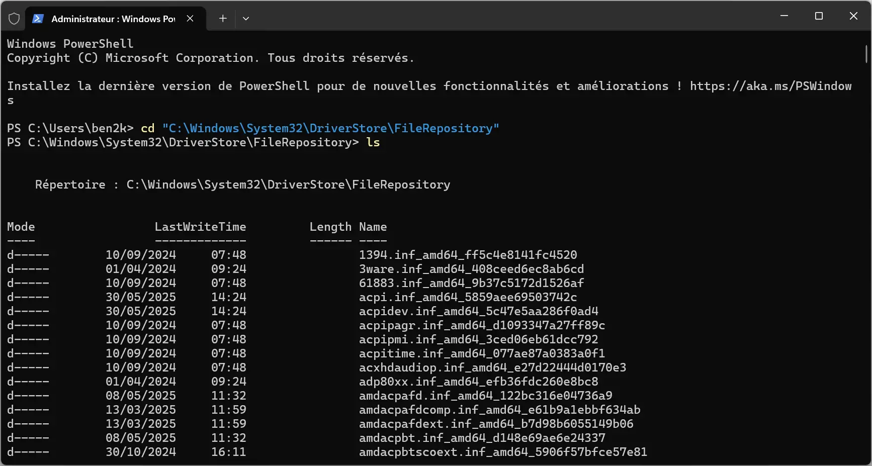 Commande PowerShell affichant les pilotes stockés dans le dossier FileRepository