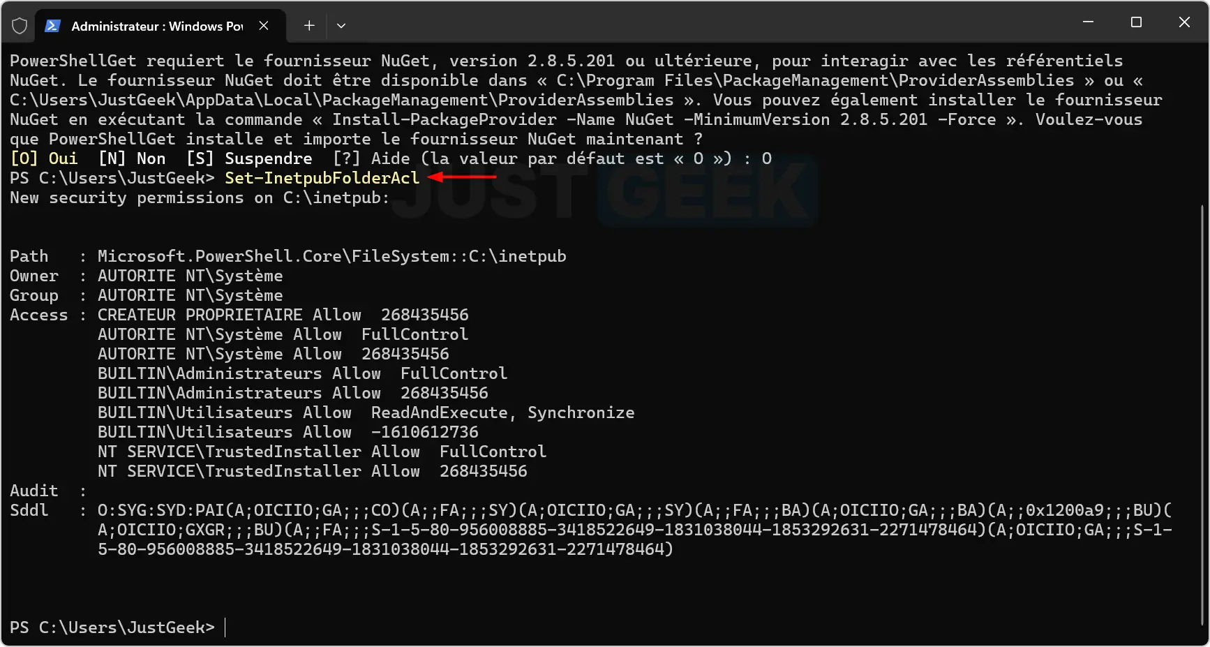 Exécution du script Set-InetpubFolderAcl avec affichage des autorisations de sécurité appliquées au dossier inetpub