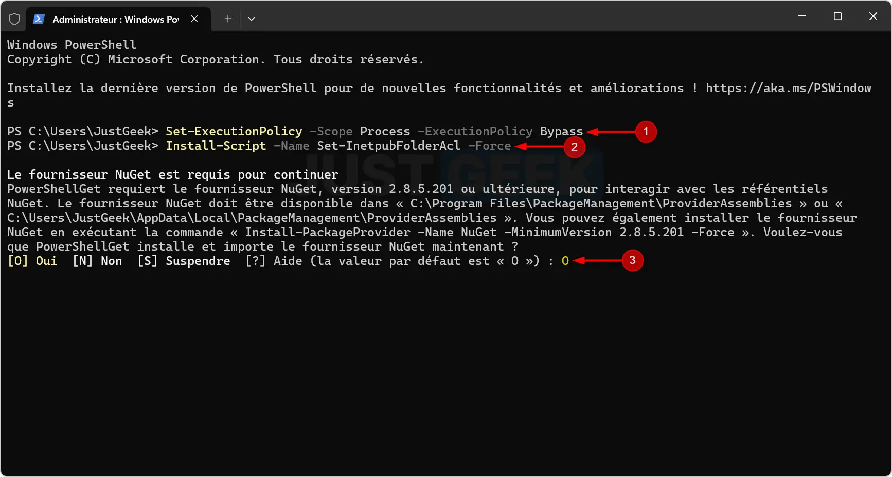 Installation du script Set-InetpubFolderAcl dans PowerShell avec confirmation du fournisseur NuGet