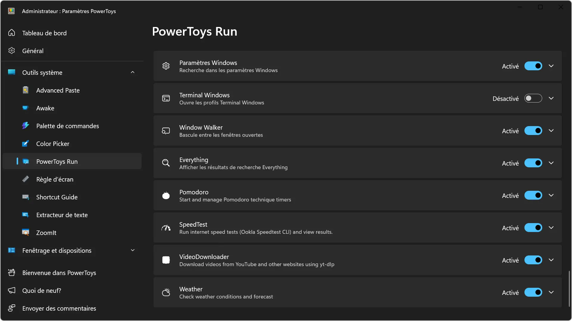 Liste des plugins activés dans PowerToys Run avec Weather, SpeedTest, VideoDownloader et Pomodoro