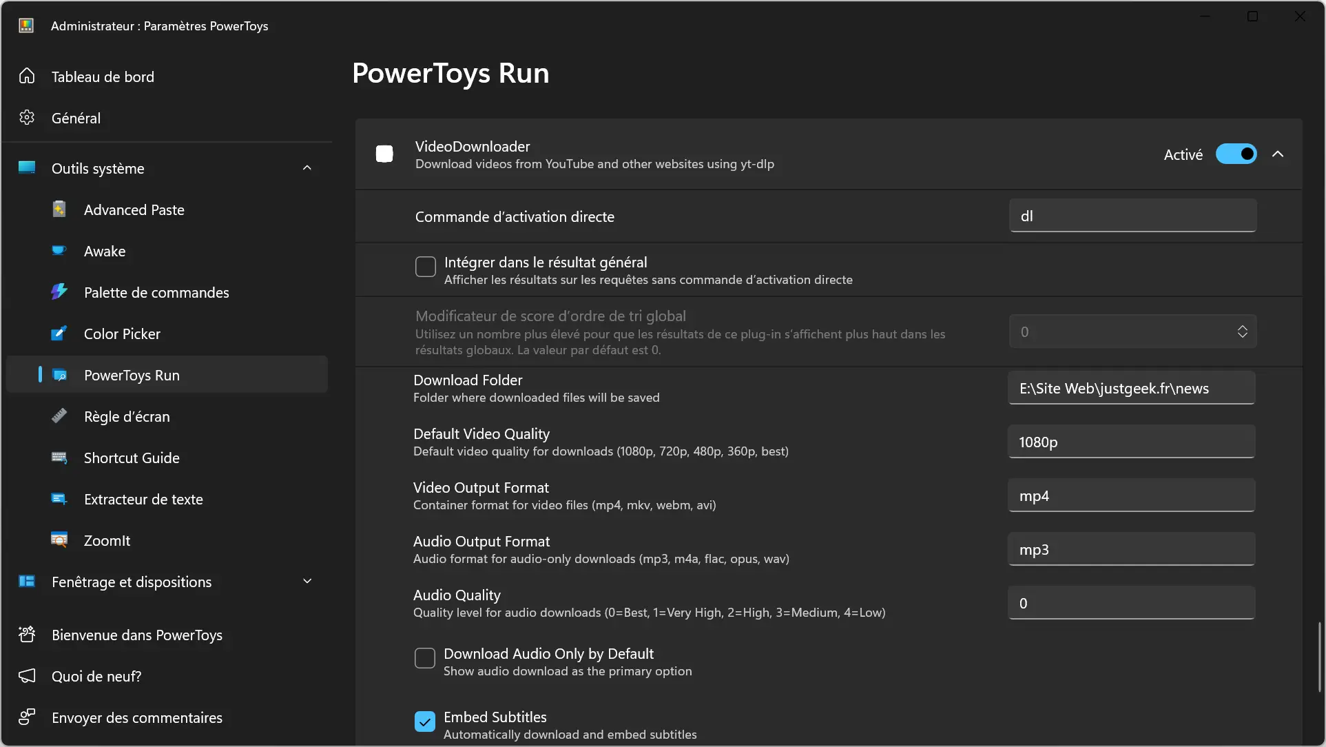 Paramètres du plugin Video Downloader dans PowerToys avec options de format, qualité et sous-titres