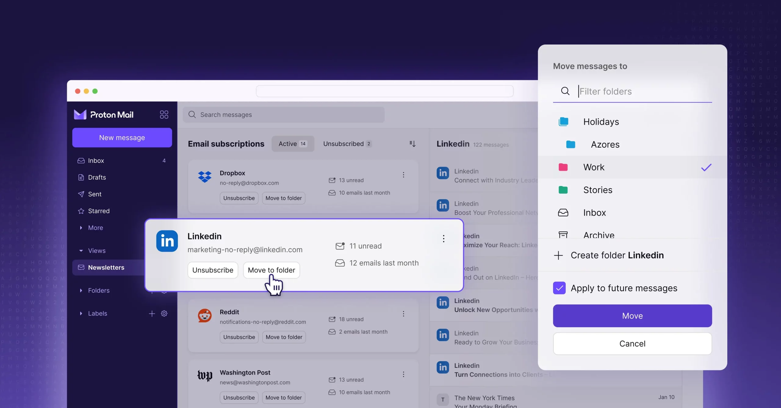 Interface de Proton Mail montrant la nouvelle vue Newsletters avec options de désabonnement et de déplacement des messages vers un dossier