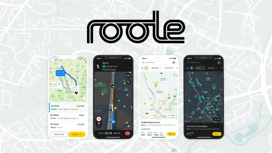 Présentation de l'application Roole Map avec différentes vues : itinéraire, navigation, prix du carburant et bornes de recharge