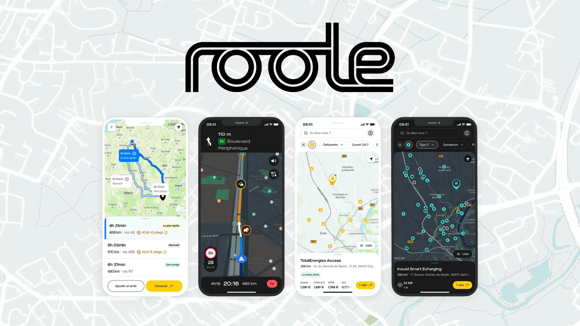 Présentation de l'application Roole Map avec différentes vues : itinéraire, navigation, prix du carburant et bornes de recharge