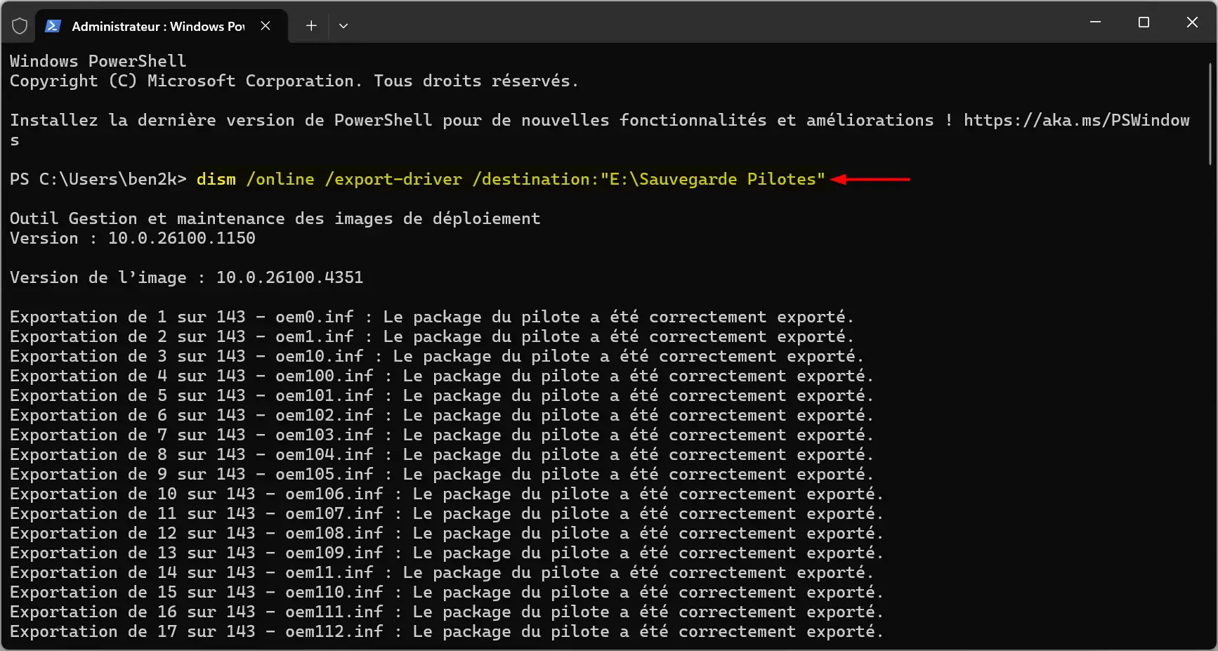 Sauvegarde des pilotes avec la commande DISM dans PowerShell