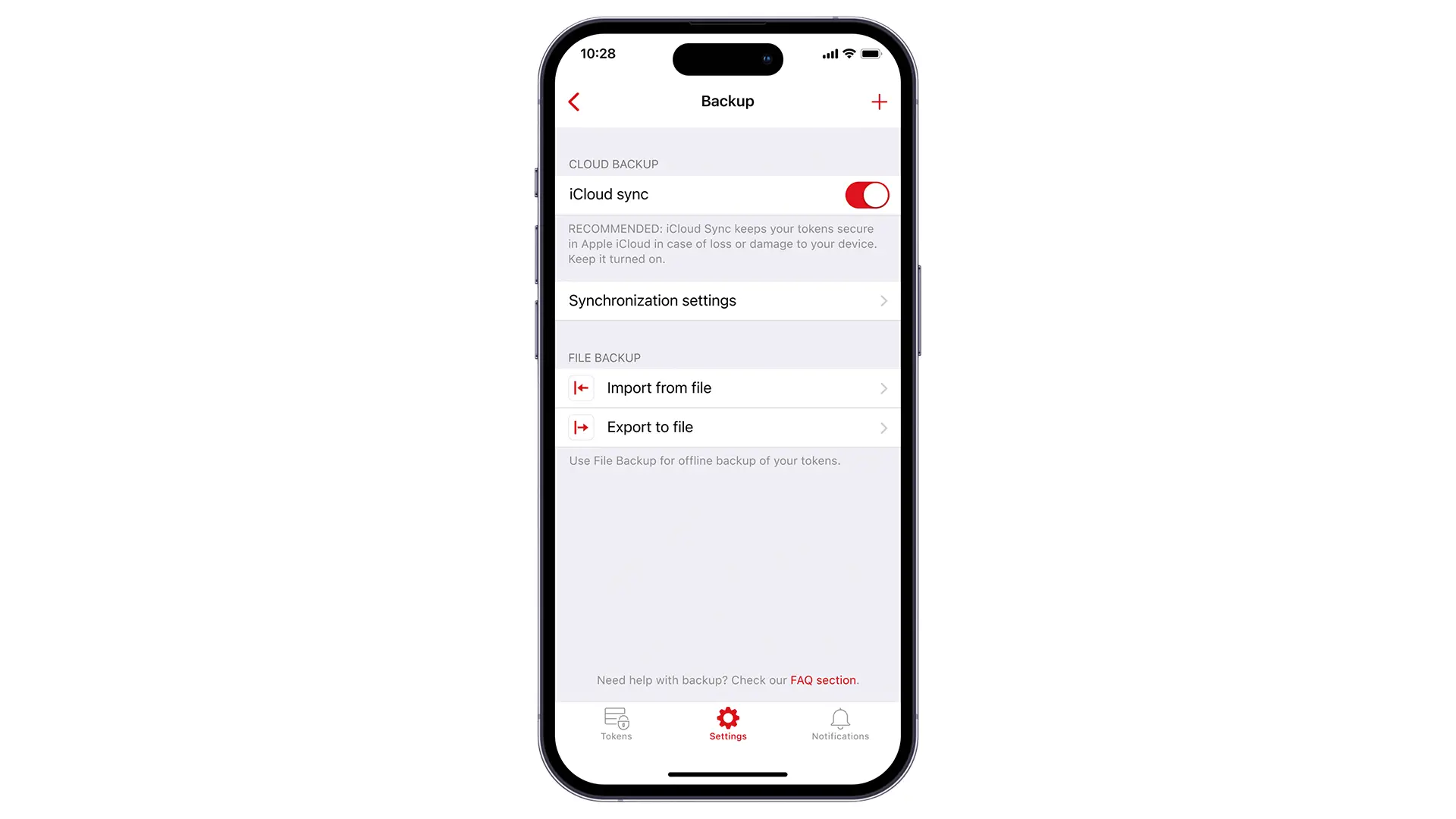 Paramètres de sauvegarde de l’application 2FAS sur iPhone avec options iCloud et export de fichier