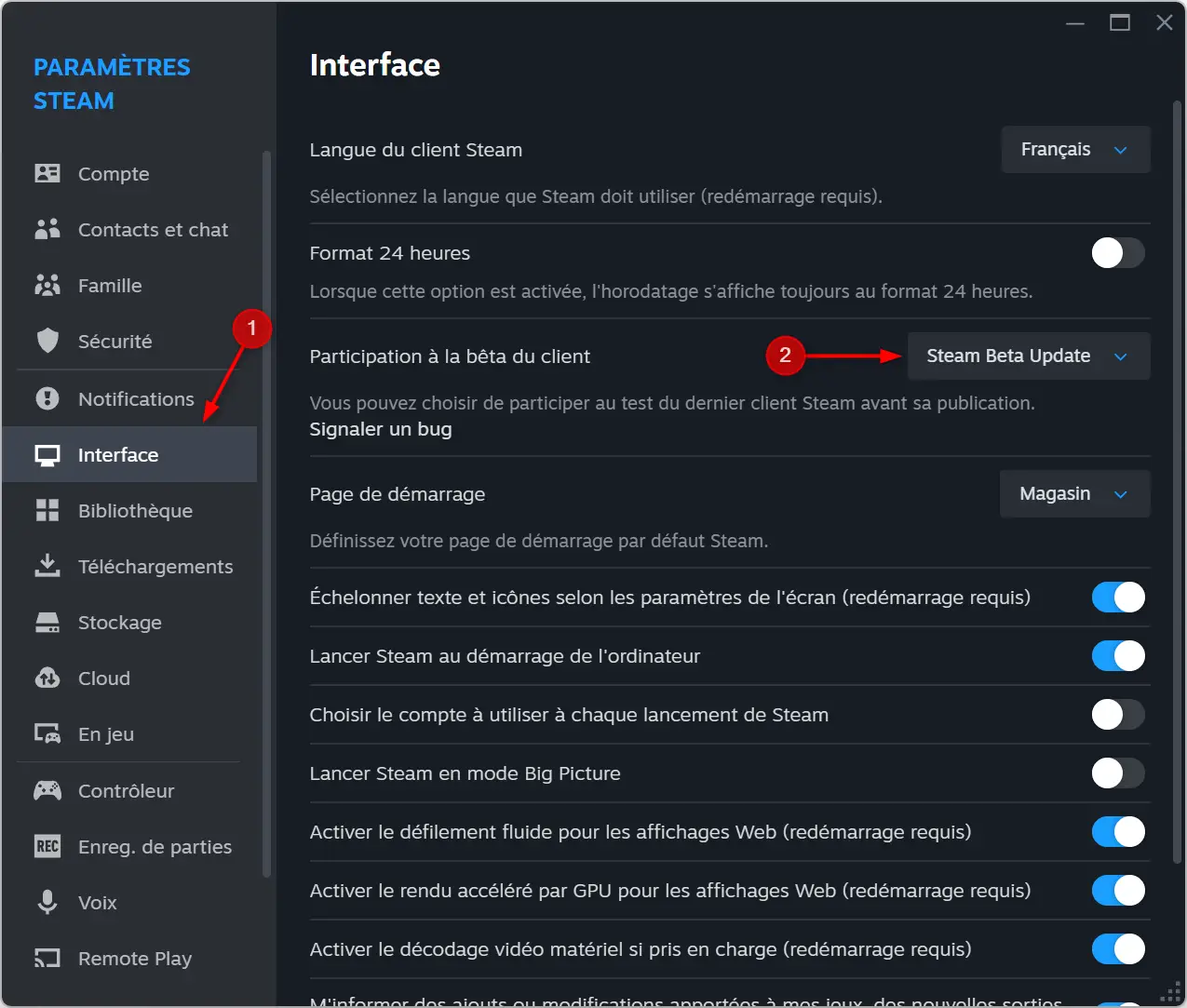 Activer le client bêta dans les paramètres d’interface de Steam